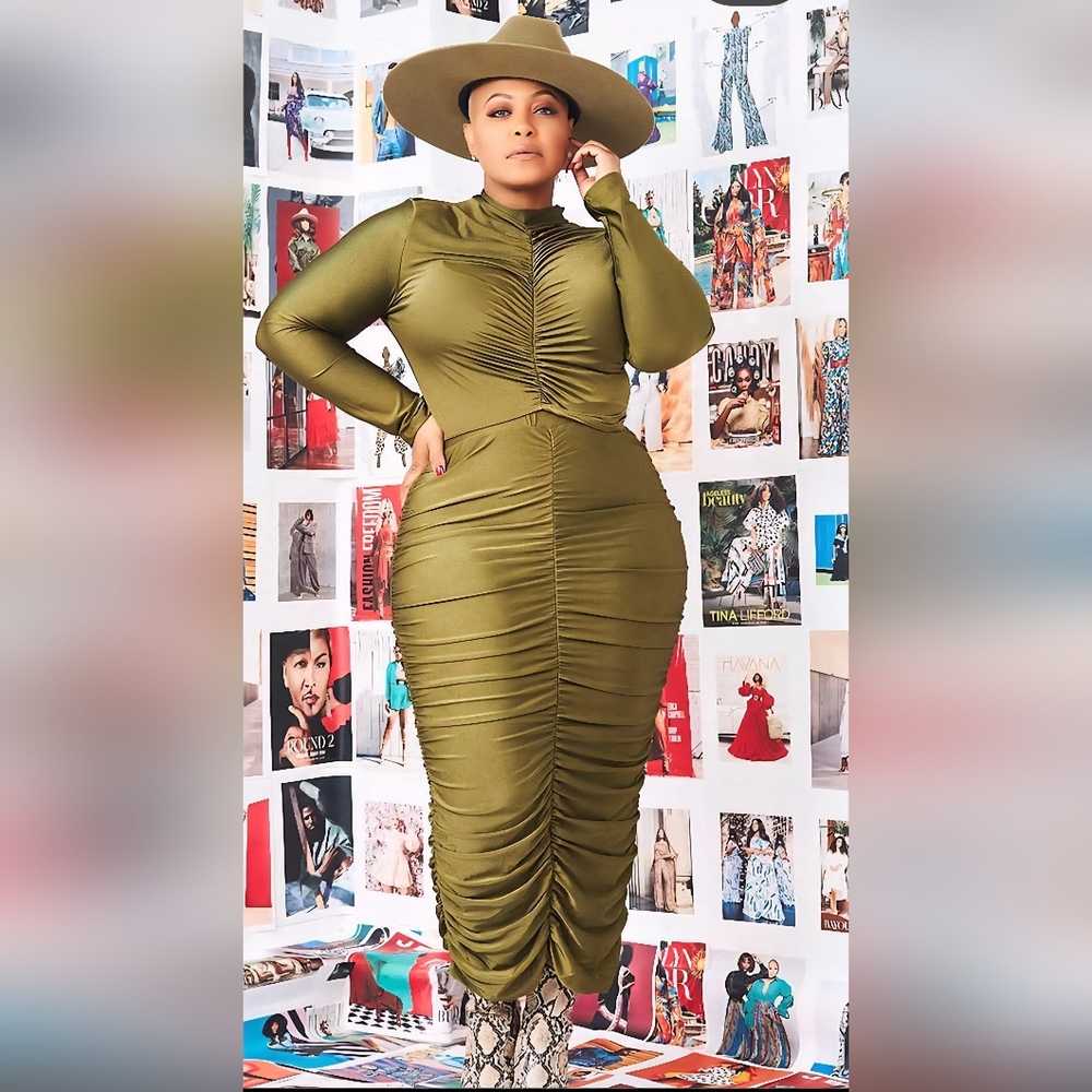 Olive Green Ruched Midi Dress